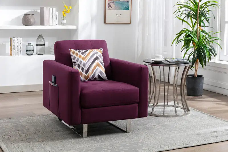 Purple Linen Armchair with Metal Legs & Pillow - Victoria 33.5"