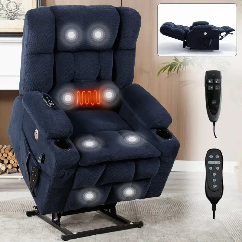 Power Lift Recliner Chair, 350lb, Blue Chenille, Dual Motor, Heat & Massage