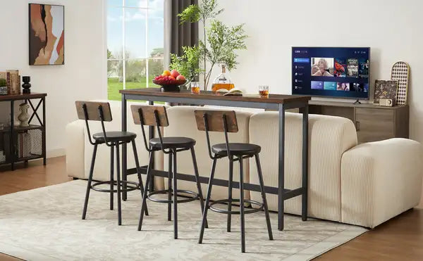 Industrial Bar Table Set with 3 Stools - Rustic Brown & Black, 63" Kitchen Breakfast Table - Minihomy