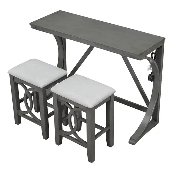 Farmhouse Counter Height Dining Set, 3-Piece with USB Port & Upholstered Stools, Gray - Minihomy