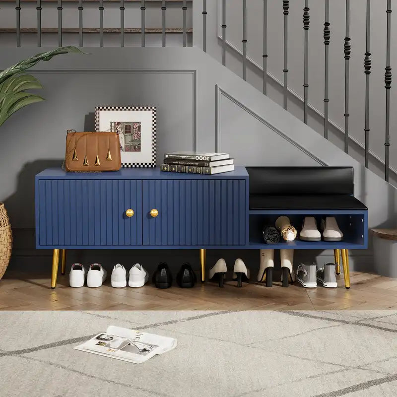 Navy Upholstered Shoe Storage Bench with Hidden Compartment