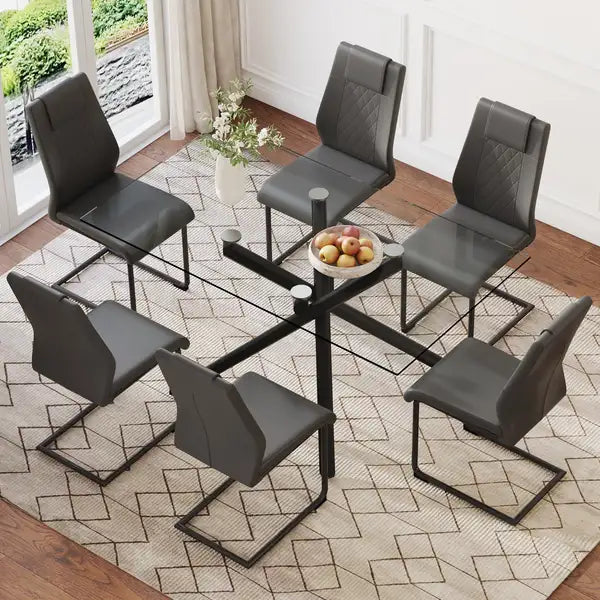 Modern Glass Dining Table Set with Black Metal Legs and PU Cushioned Chairs