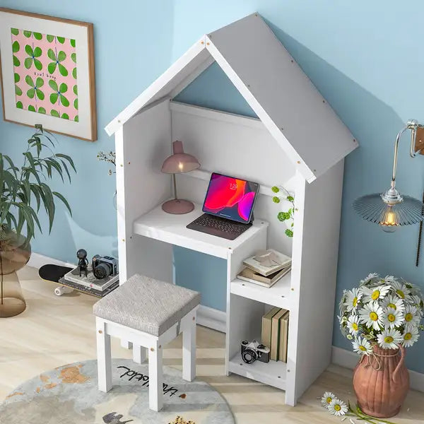 White House Shaped Kids Desk & Cushion Stool Set