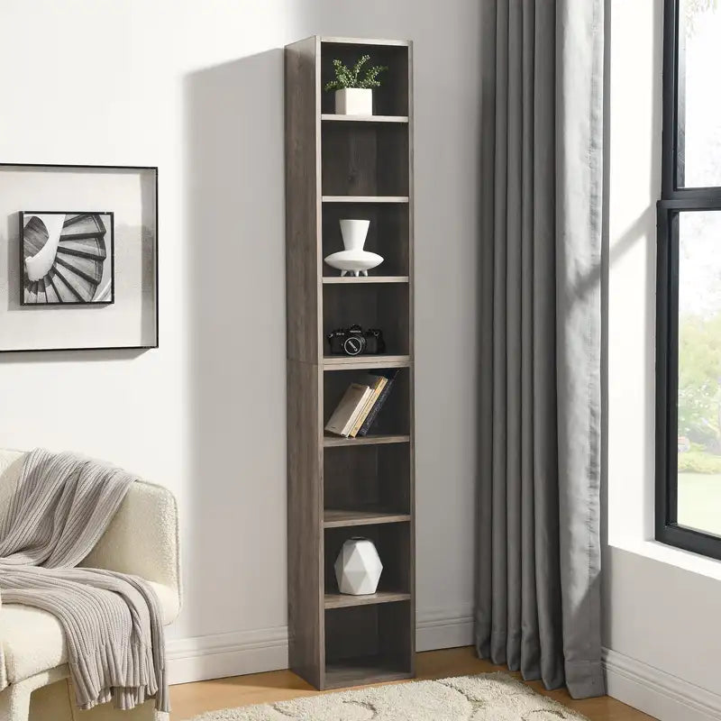 8-Tier Media Tower: CD/DVD Storage, Adjustable Shelves, Narrow Bookcase