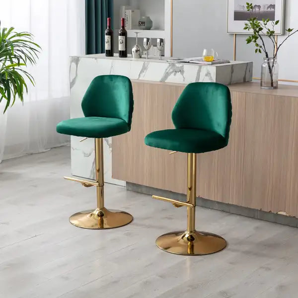 Modern Velvet Bar Stools Set of 2, Adjustable Counter Height, Tufted High Back, Green & Gold - Minihomy