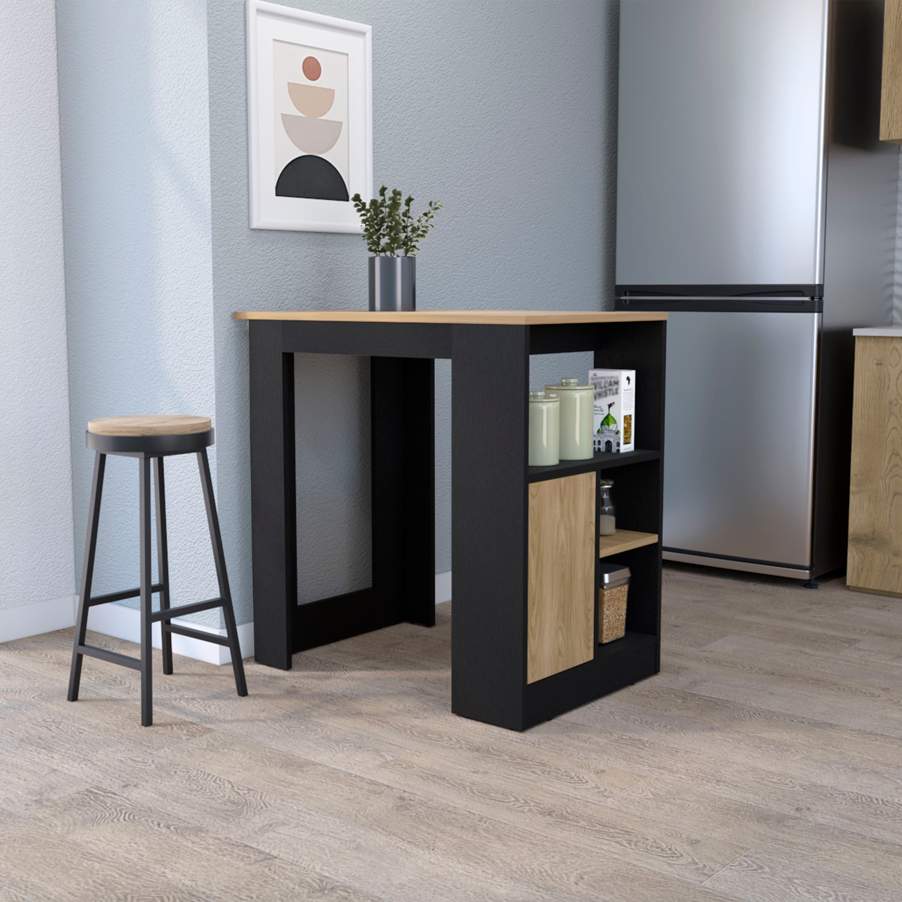 Black & Natural Oak Kitchen Island with Door & Open Storage - FM Furniture Arial