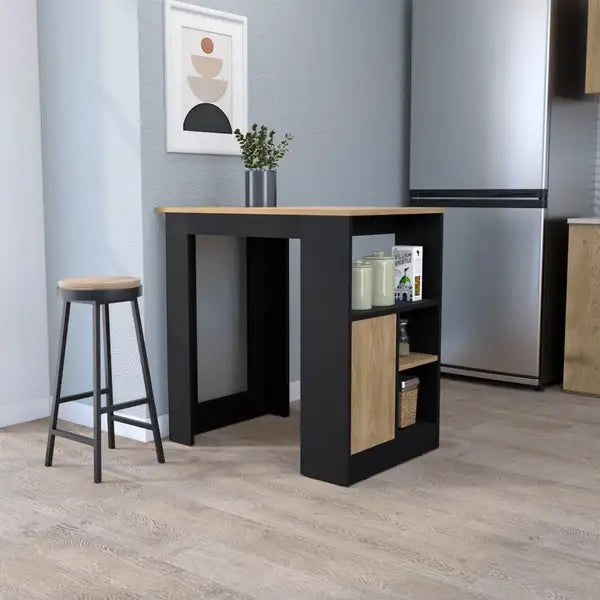 Black & Natural Oak Kitchen Island with Door & Open Storage - FM Furniture Arial - Minihomy