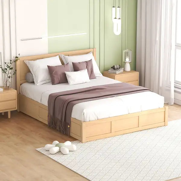 Queen Platform Bed with Storage - Wood Frame, 2 Drawers