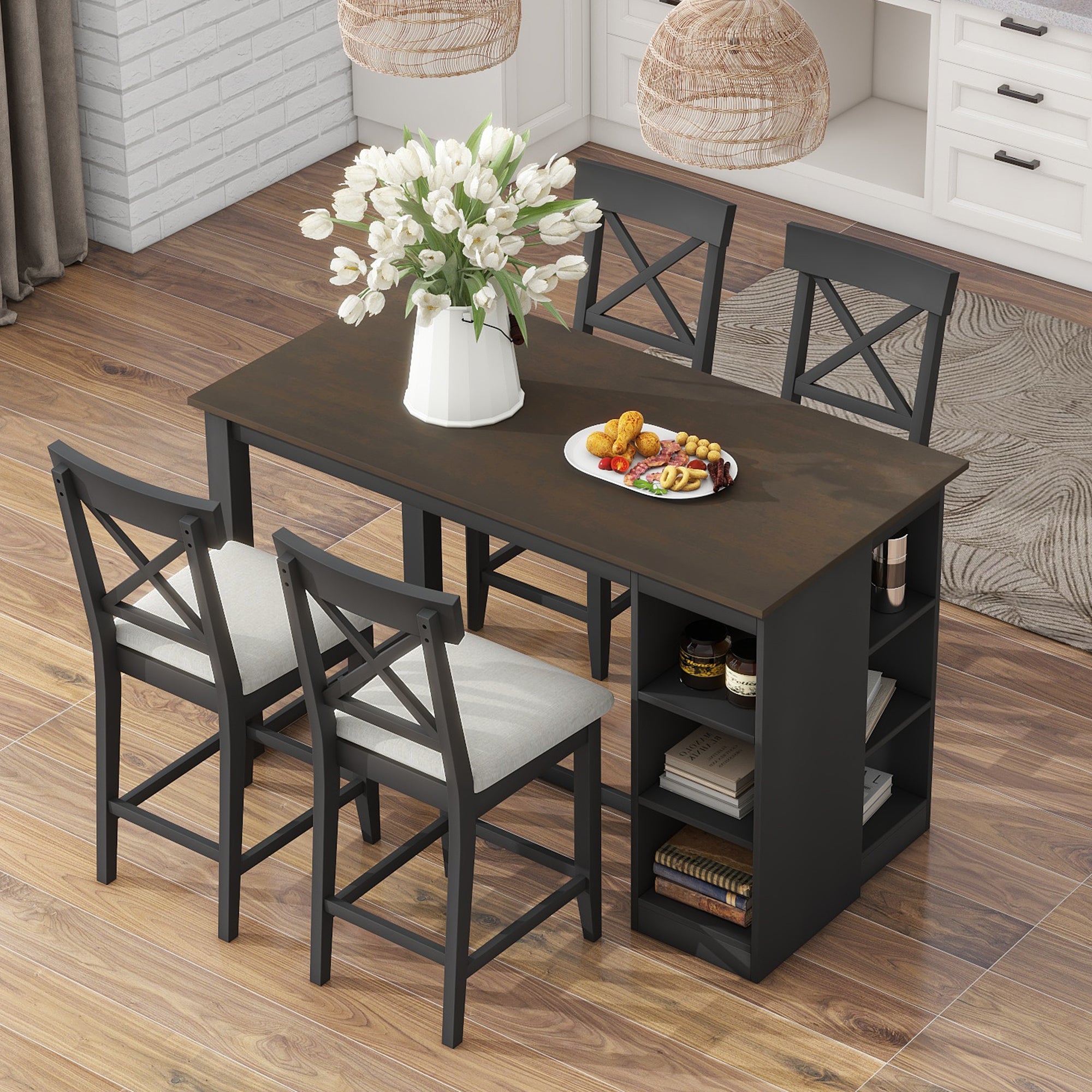 Farmhouse Counter Height Dining Set | 4 Chairs, 3-Tier Storage, Gray - TOPMAX