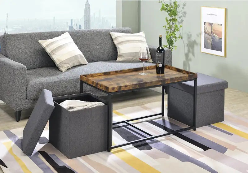 Monty 35" Weathered Oak Coffee Table Set - 3 Pieces, Raised Edges