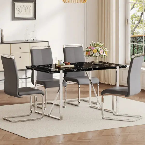 Rustic Industrial Black Dining Table & 4 Chairs Set - MDF & Metal, PU Cushions