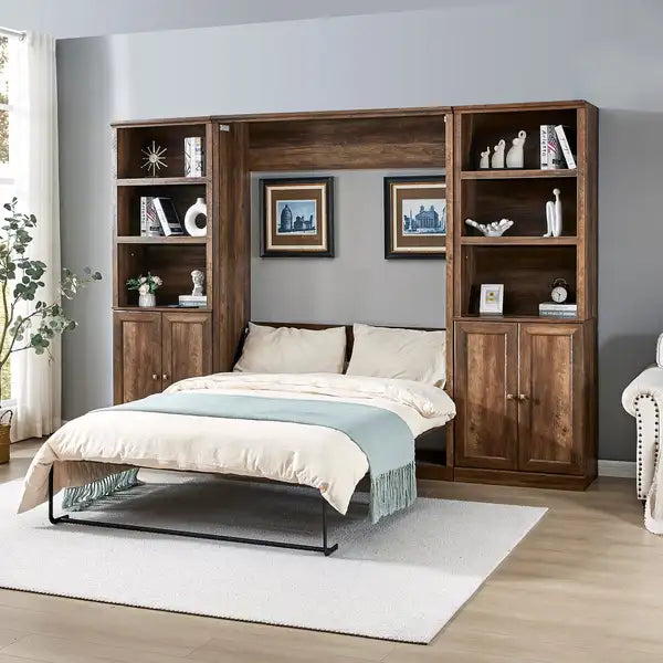 Full Size Murphy Bed with Storage | Space-Saving Cabinet Bed for Guest Room, Home Office (Brown) - Minihomy