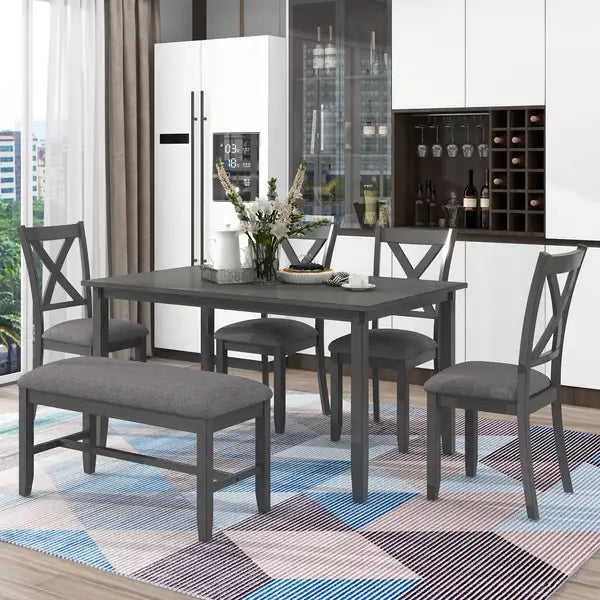 TREXM 6-Piece Kitchen Dining Table Set - Rectangular Wooden Table, 4 Chairs & Bench (Gray)