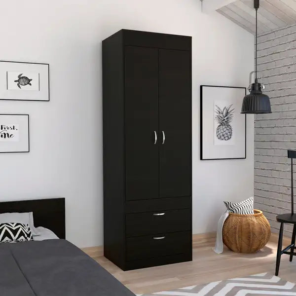 Lisboa Armoire with Double Doors, Two Drawers & Metal Handles - Rod Included - Minihomy