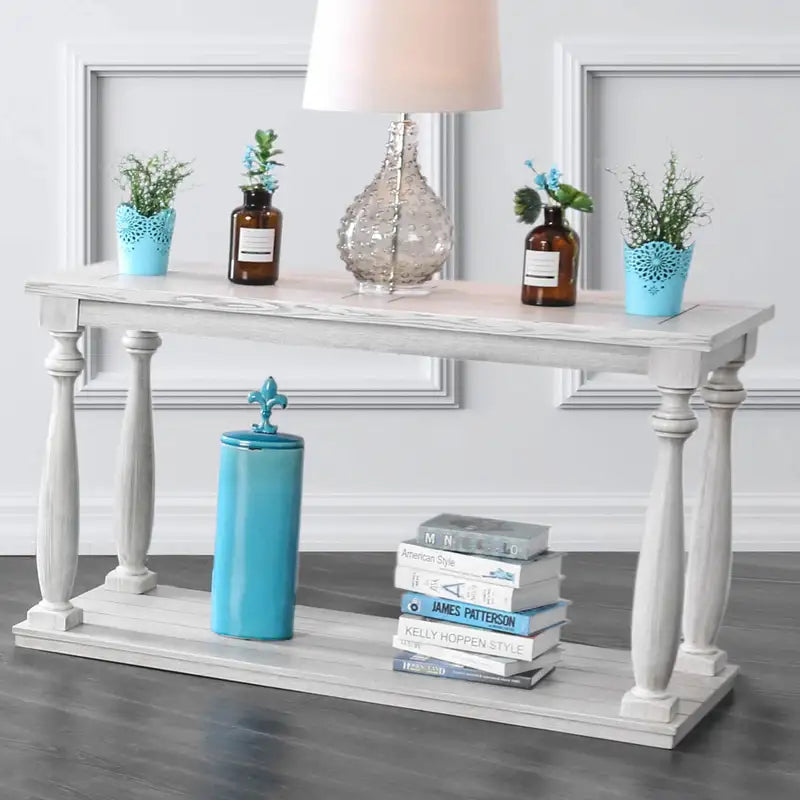 Rustic White Sofa Table with Shelf - Open Bottom Living Room Furniture