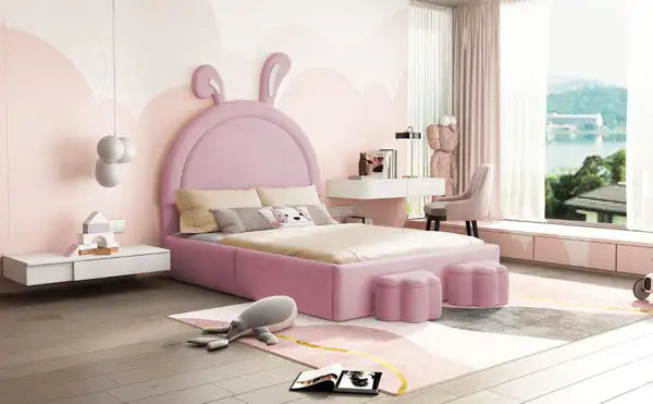 Full Size Upholstered Rabbit Bed with Storage Stools, Pink Velvet Platform Bed with Ears Headboard - Minihomy