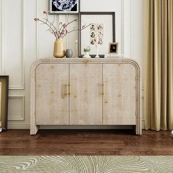 Retro Curved Sideboard with Gold Handles - Adjustable Dividers - Natural Wood Finish