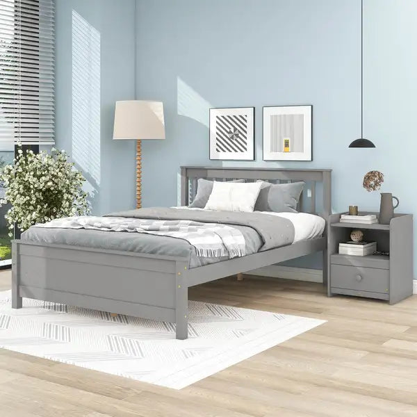 Grey Full Bed Frame with Headboard, Footboard & Nightstand - Kids, Teens & Adults