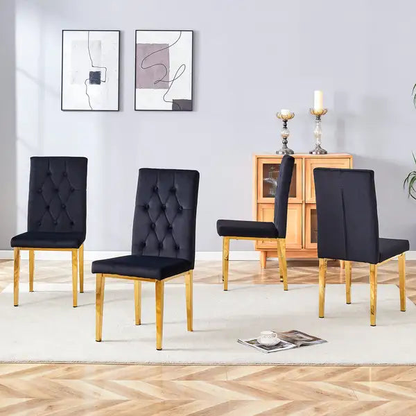 Black Velvet Dining Chairs with Gold Metal Legs - Modern & Classic Set of 4