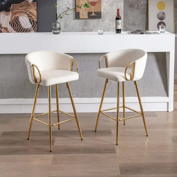 26 Inch Velvet Bar Stools Set of 2, Chrome Base & Footrest, Golden Legs, Cream - Minihomy