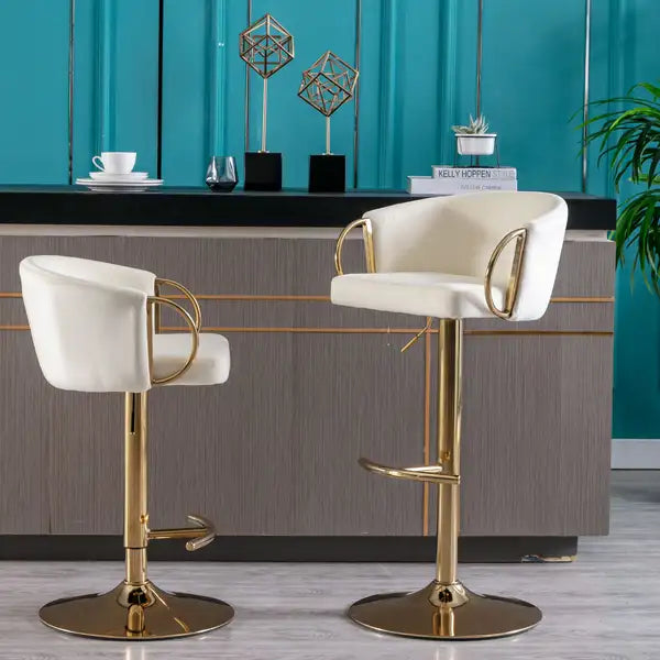 Swivel Bar Stools Set of 2 - Adjustable Height, Velvet Upholstery, Chrome Base, Ivory