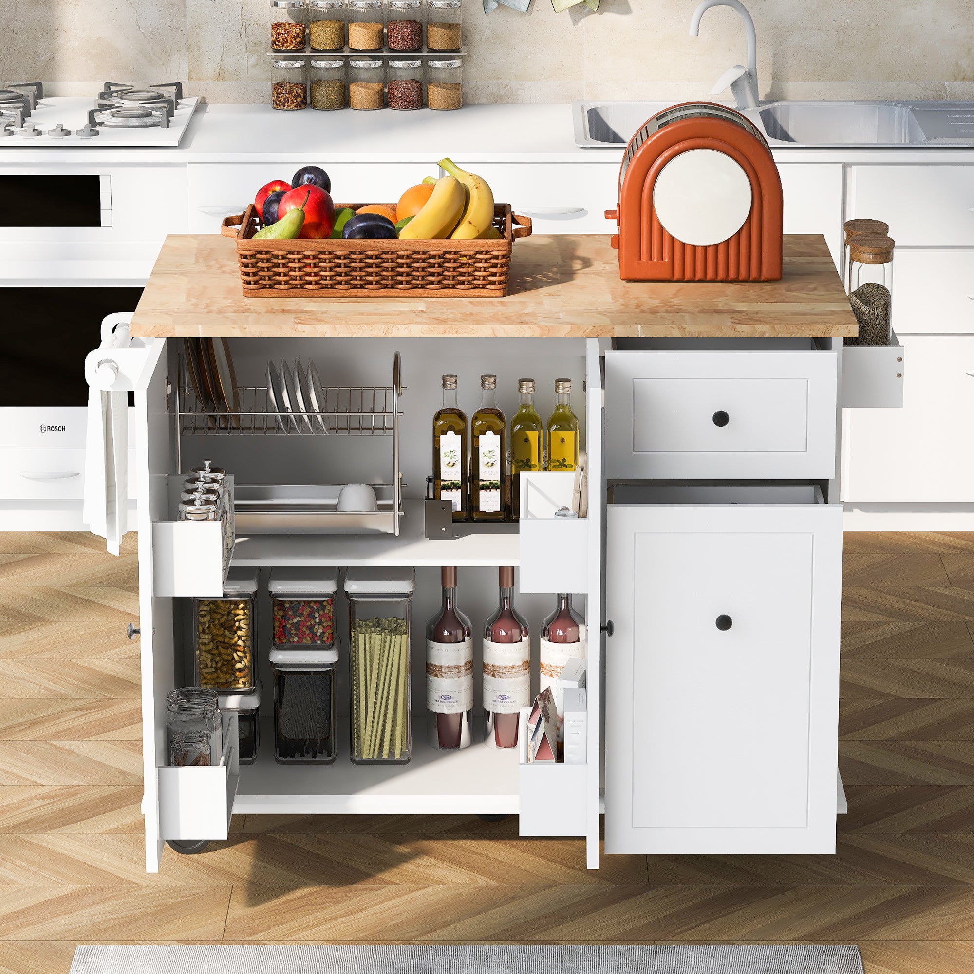 Rolling Kitchen Island with Drop Leaf, Storage, Spice Rack & Towel Rack (White)