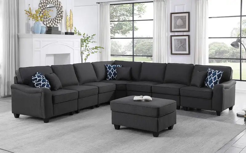 Leo 125" Dark Gray Linen Modular L-Shape Sectional Sofa & Ottoman (8pc)