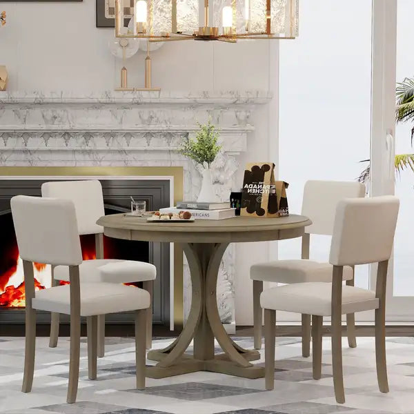 5-Piece Retro Round Dining Set with Curved Trestle Legs & Upholstered Chairs (Taupe) - TREXM