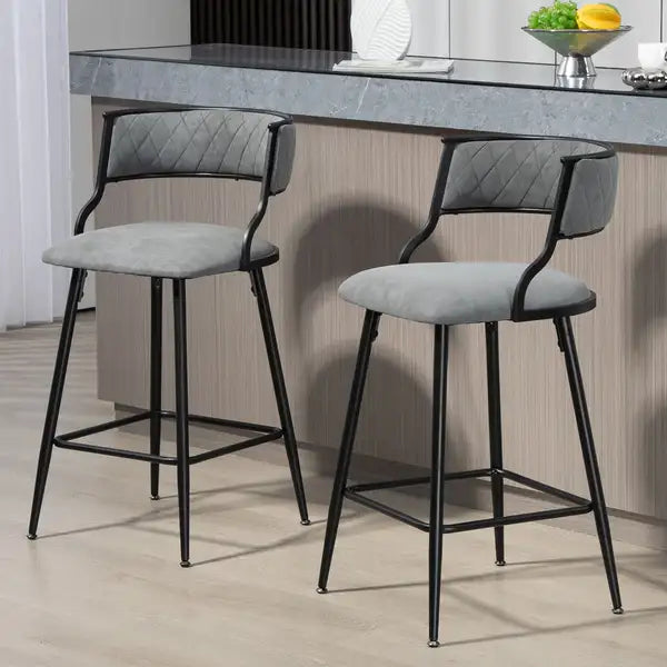 Grey Counter Height Bar Stools - 26" PU Leather Seat & Black Base - Minihomy