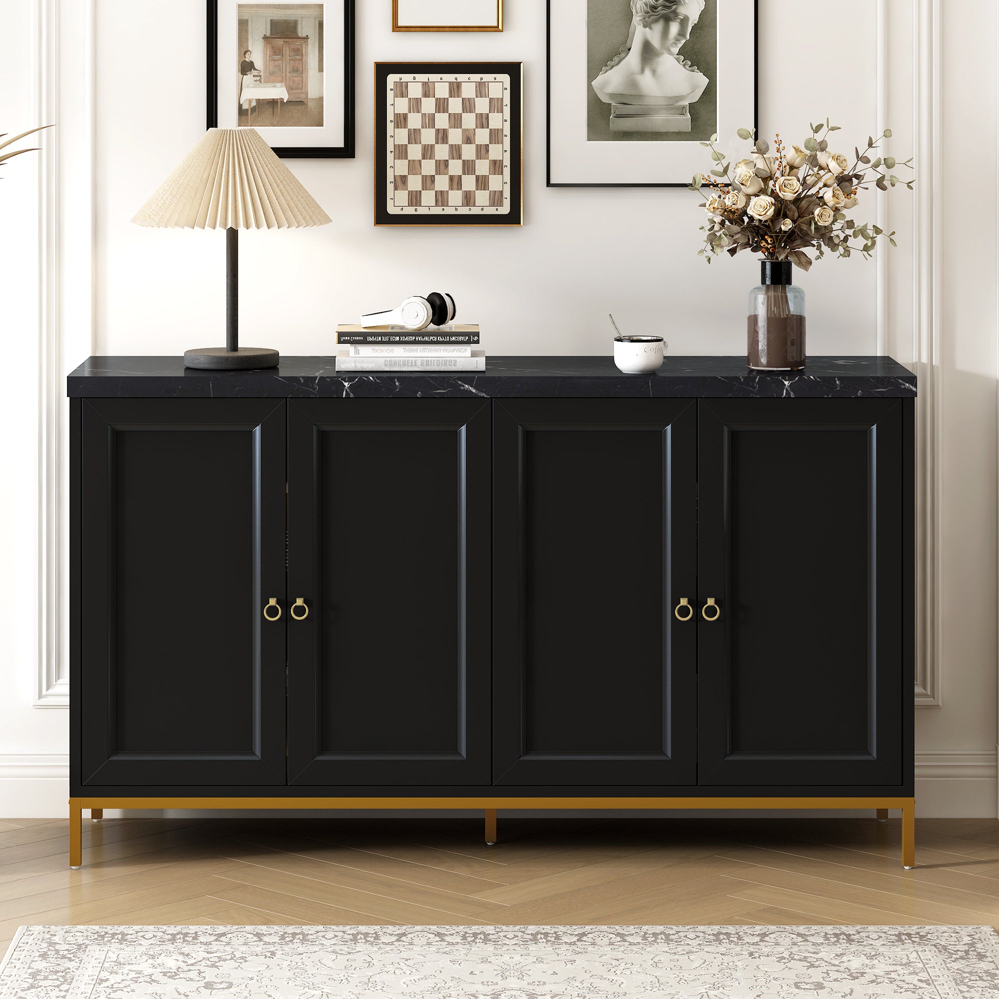 Modern Sideboard with Large Storage, Metal Handles & Legs - Black