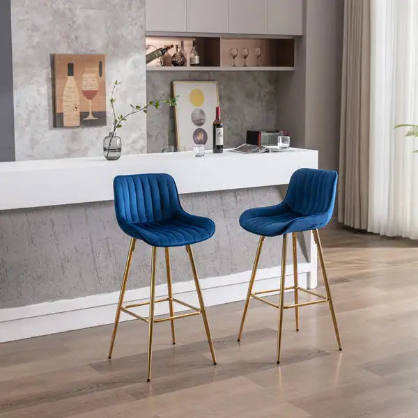 Set of 2 Velvet Bar Stools with Chrome Footrest - Blue, 30 Inch Counter Height