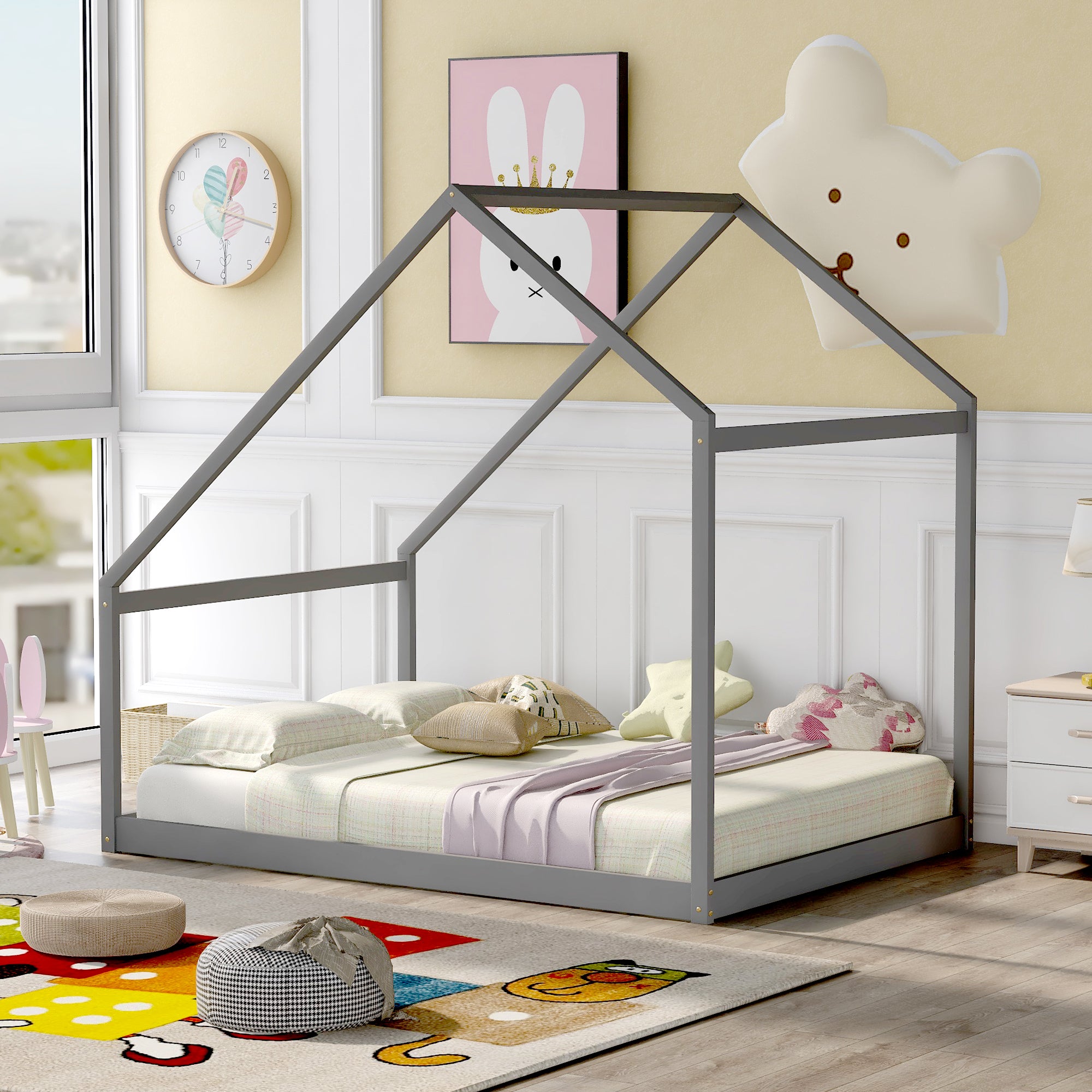 Full Size Wooden House Bed in Gray - Kids Bedroom Furniture