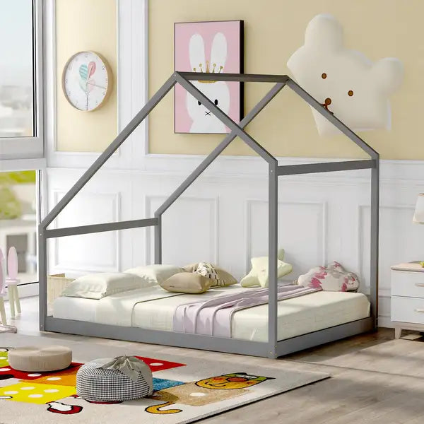 Full Size Wooden House Bed in Gray - Kids Bedroom Furniture