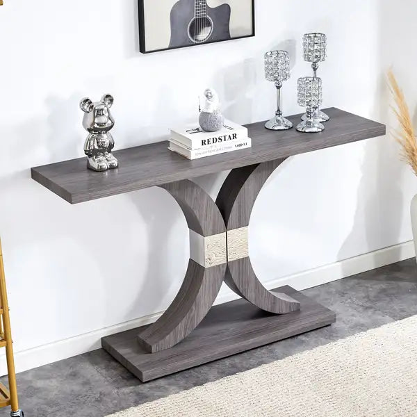 Modern Gray Wood Foyer Table with Stainless Steel Bracket - Minimalist Entryway Furniture