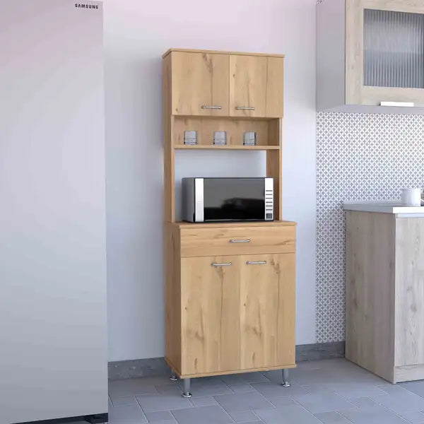 Della 60" Kitchen Pantry: Countertop, Open & Closed Storage, Light Oak