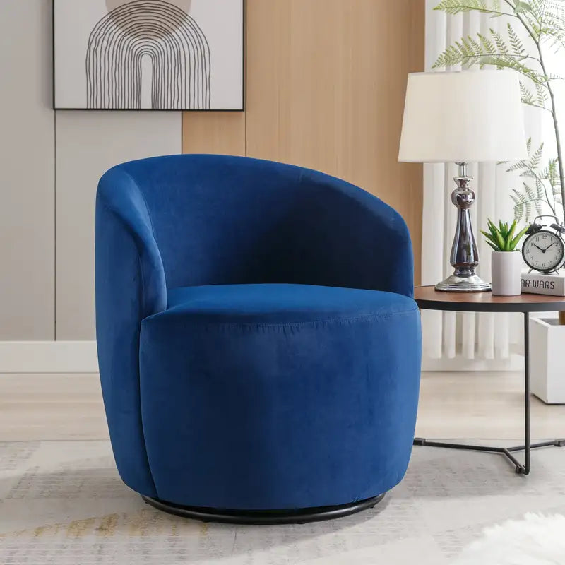 Blue Velvet Swivel Barrel Chair with Black Metal Base