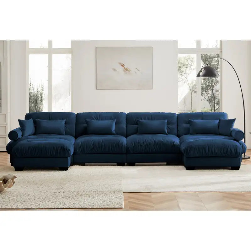 Modern Velvet U-Shaped Sectional Sofa with Ottomans - Blue