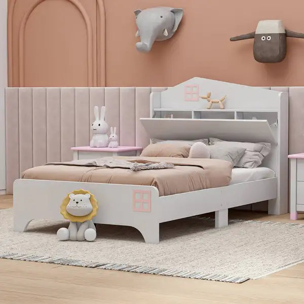 Twin Size Wooden House Bed with Storage | Kids Bed with Shelf - White