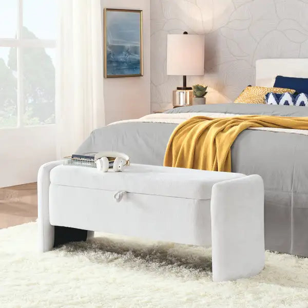 Cream White Chenille Storage Ottoman Bench with Large Capacity