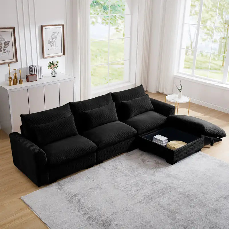 Black Corduroy L-Shaped Sectional Sofa with Storage & Pillows