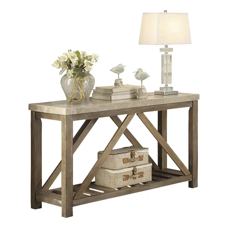 Creamy White Marble Top Industrial Console Table with Shelf