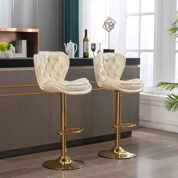 Set of 2 Swivel Bar Stools with Chrome Footrest - Velvet & Golden Leg, Height Adjustable, Cream