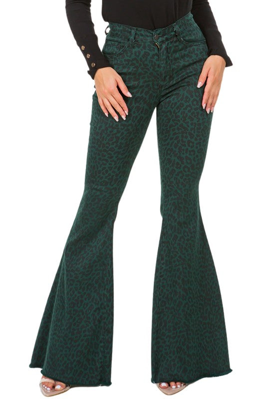 Leopard Print Bell Bottom Jeans in Pine Green - Stylish Women's Fashion