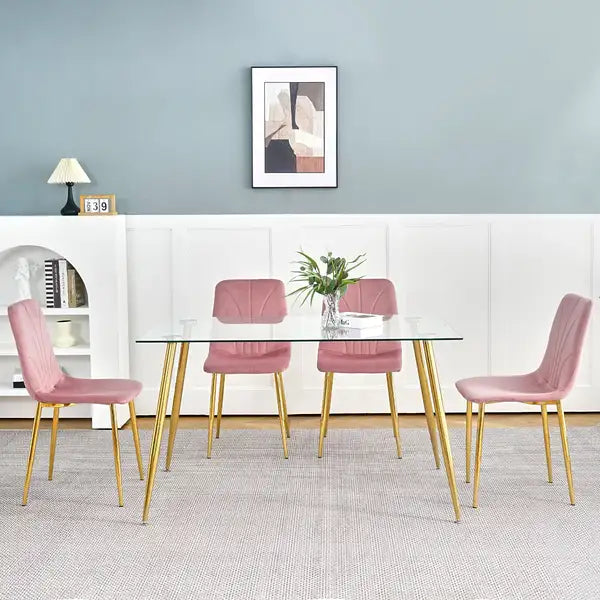 Modern Pink Dining Chairs Set of 4, Light Luxury Home Bedroom Stool with Gold Metal Legs - Minihomy