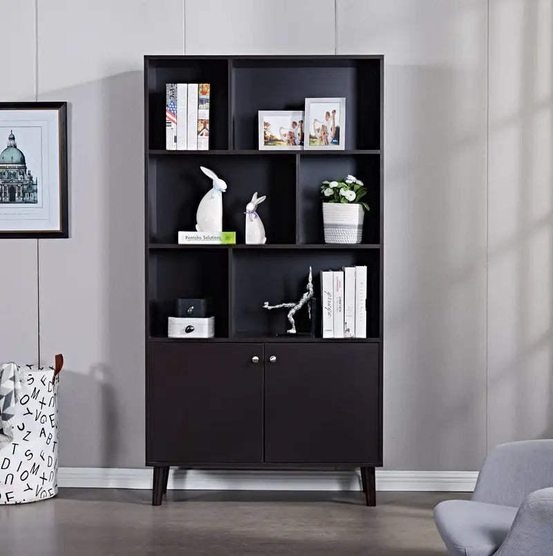 67" 3-Tier Bookcase with Doors - Wide Storage Shelf