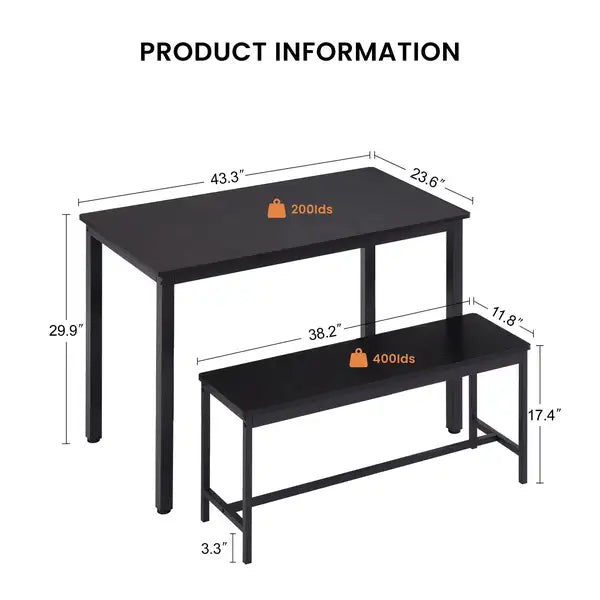 Black Industrial Dining Table Set with 2 Benches - Kitchen, Breakfast, Living Room, Party Room, 43.3"L x 23.6"W x 29.9"H - Minihomy