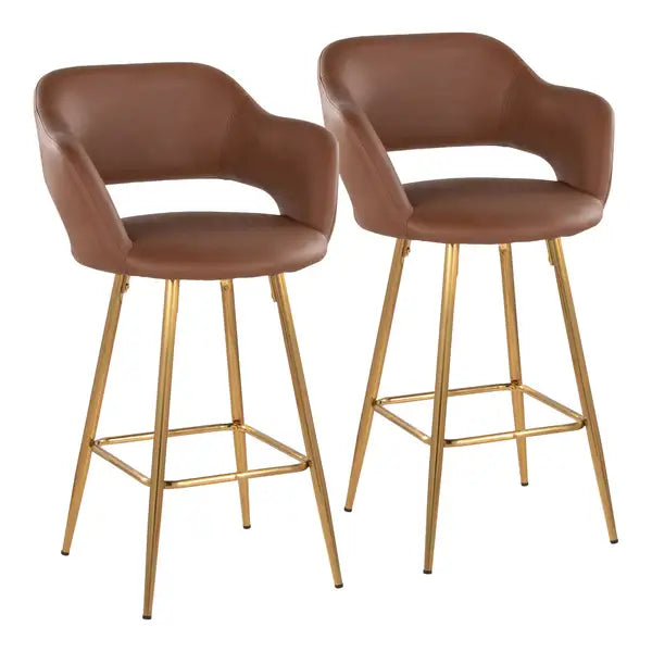 LumiSource Gold Metal Counter Stools (Set of 2) - Brown Faux Leather