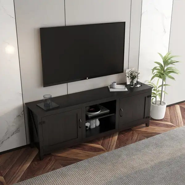 Black TV Stand with Storage & Doors - Media Console Entertainment Center