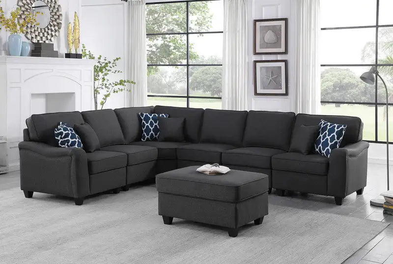 Leo 7-Piece Modular L-Shaped Sectional Sofa & Ottoman - 125" Dark Gray Linen