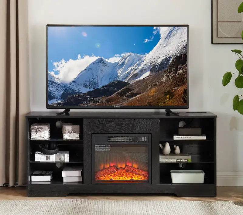 58" Black TV Stand with Electric Fireplace, Glass Shelves & LED Lights